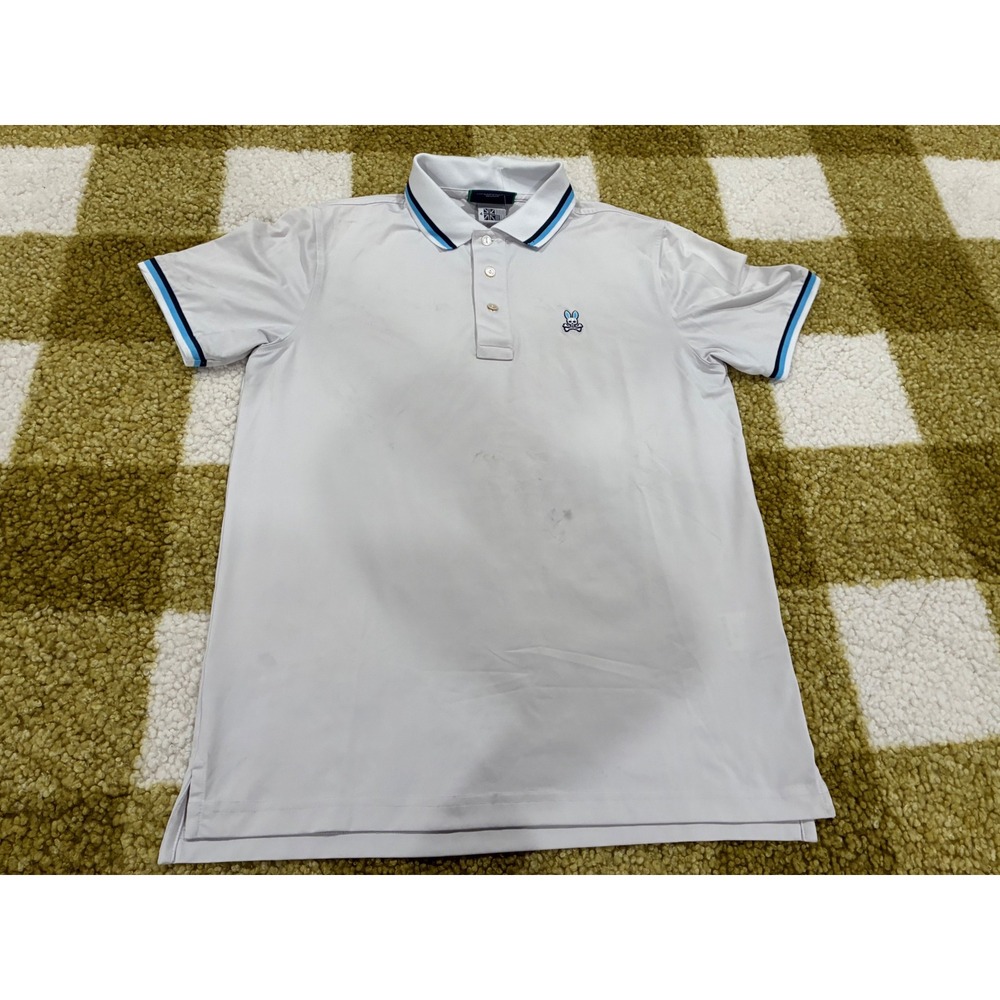 Psycho Bunny Mens Short Sleeve Performance Polo Shirt Grey Blue Tipping Size 4
